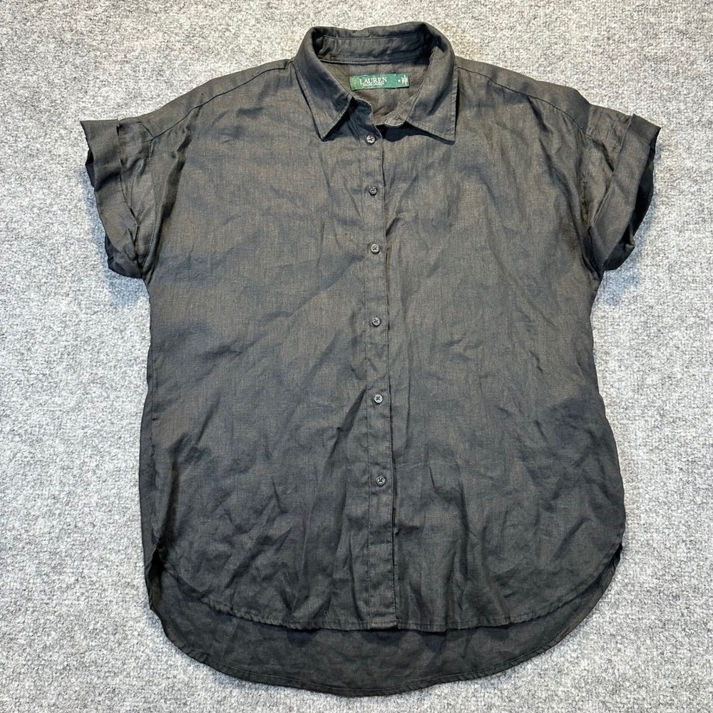 Lauren Ralph Lauren Button Down Shirt Womens Medium Black Linen Classic Shirt